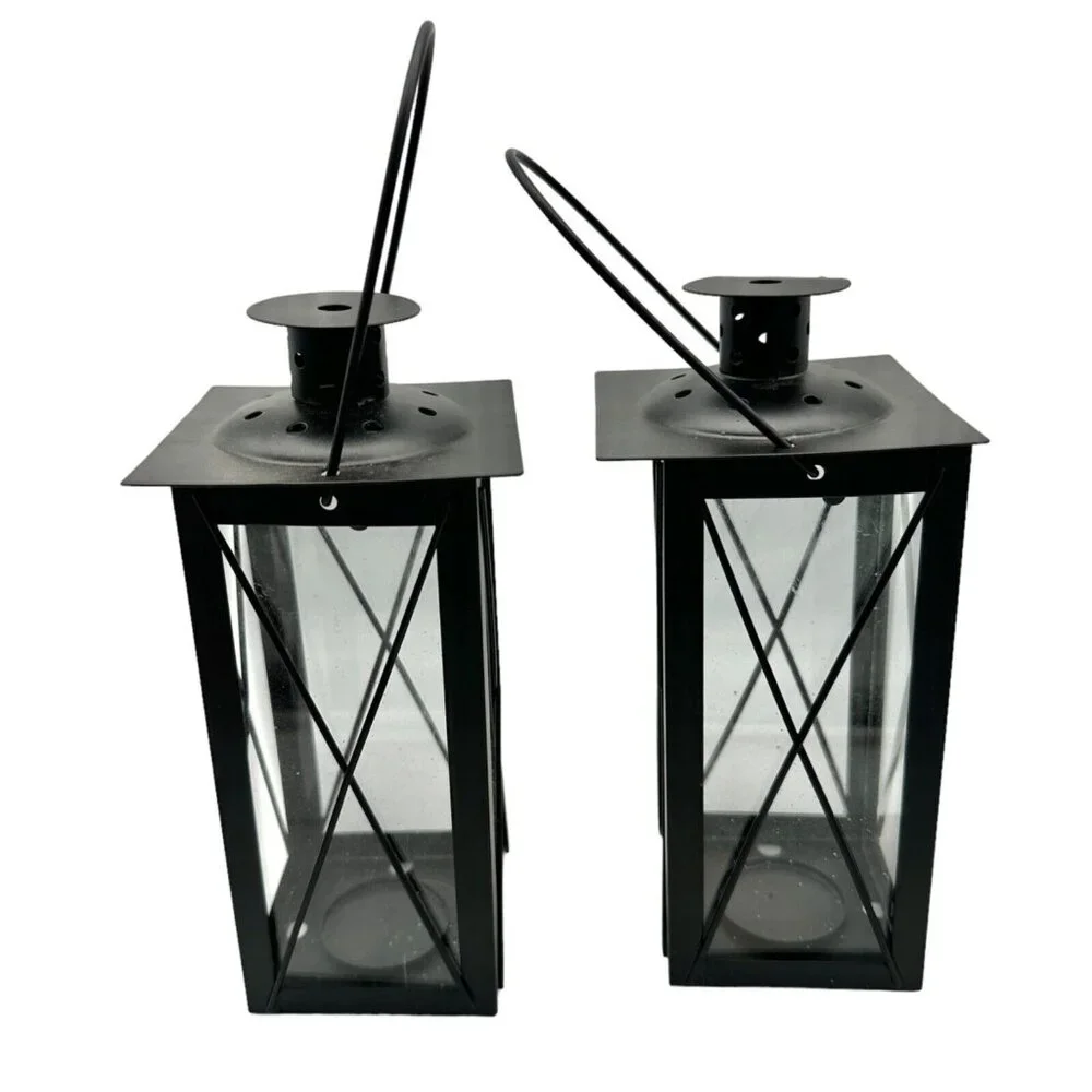 Pair of Candleholders Black Metal Hangs or Sits Holds Tealights or Votives